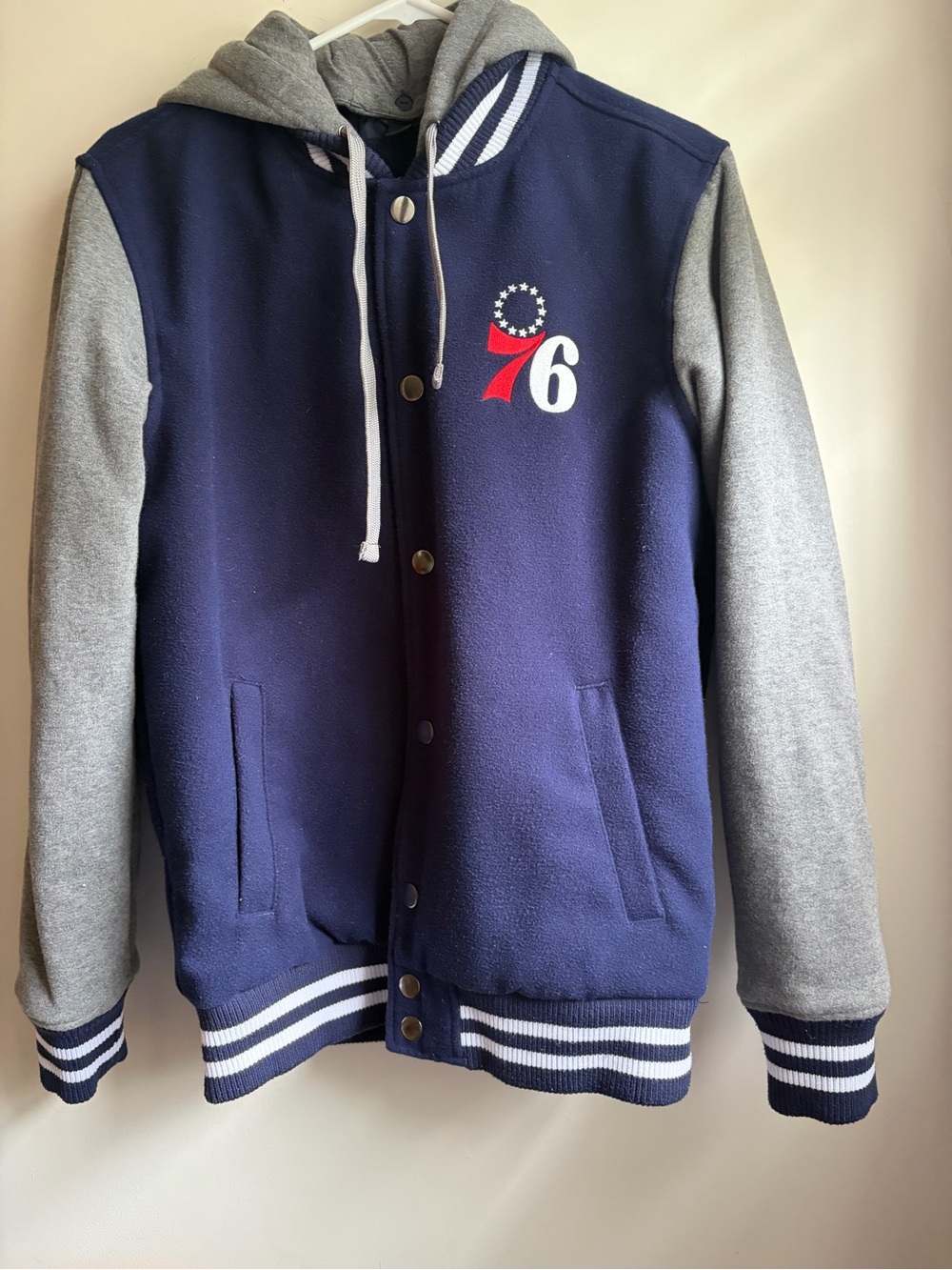 NBA Philadelphia 76ers Sport-Tek Men’s Navy Gray Letterman Varsity Jacket Sz S